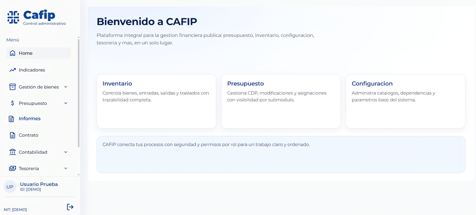 Pantalla de inicio real de CAFIP con módulos de inventario, presupuesto y configuración