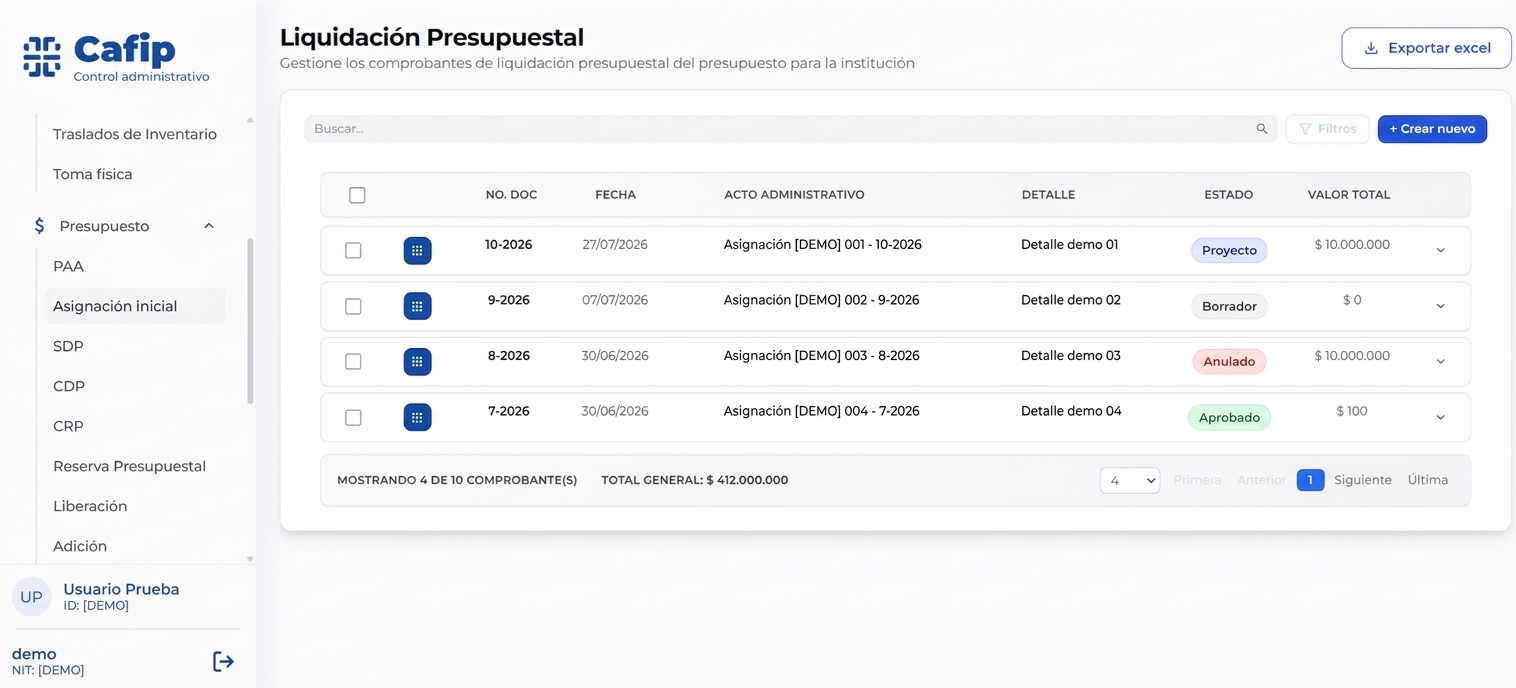 Pantalla real de liquidación presupuestal de CAFIP